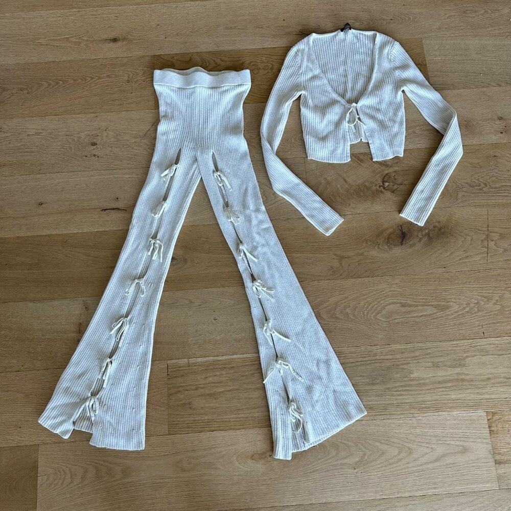 H:ours - Aiden Tie Front Cardi & Knit Pants in Ivory